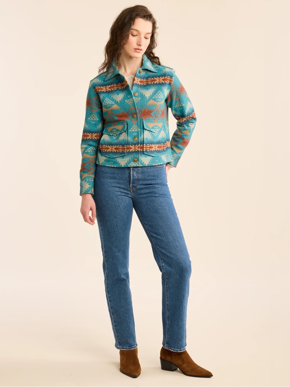 NWOT Pendleton Blue Turquoise and Brown Lowell 100% Wool Boxy Jacket Size M - Picture 3 of 8